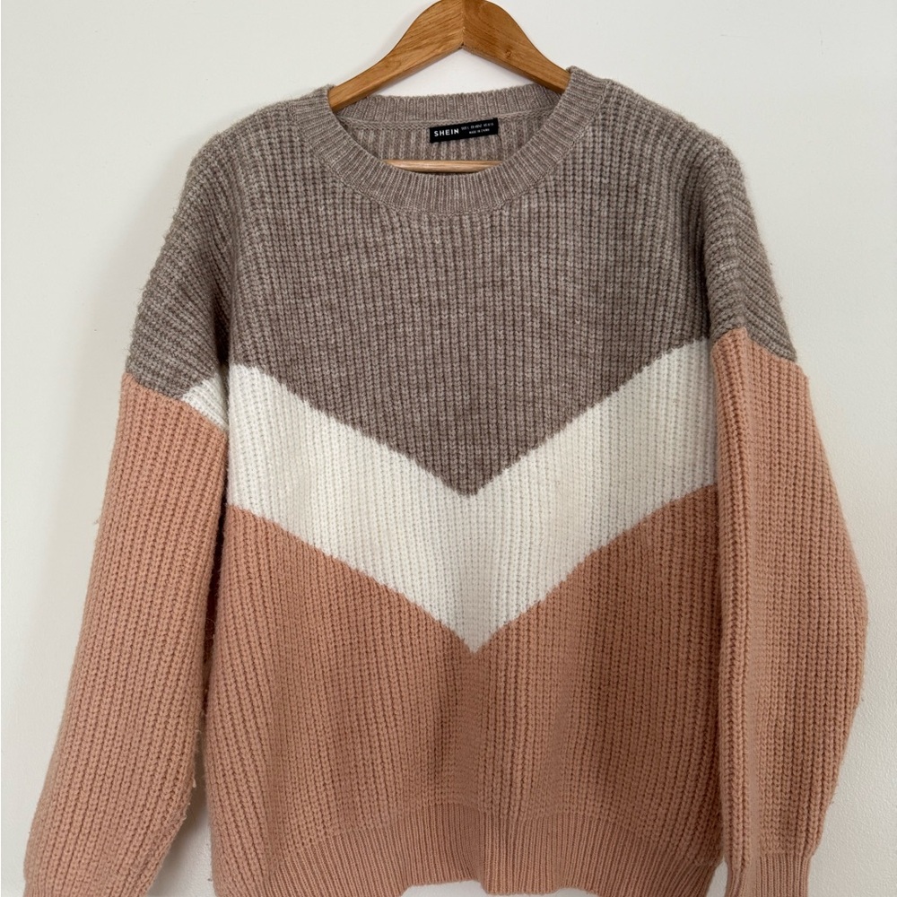 SHEIN Chevron Knit Sweater - Brown, White, and Pink